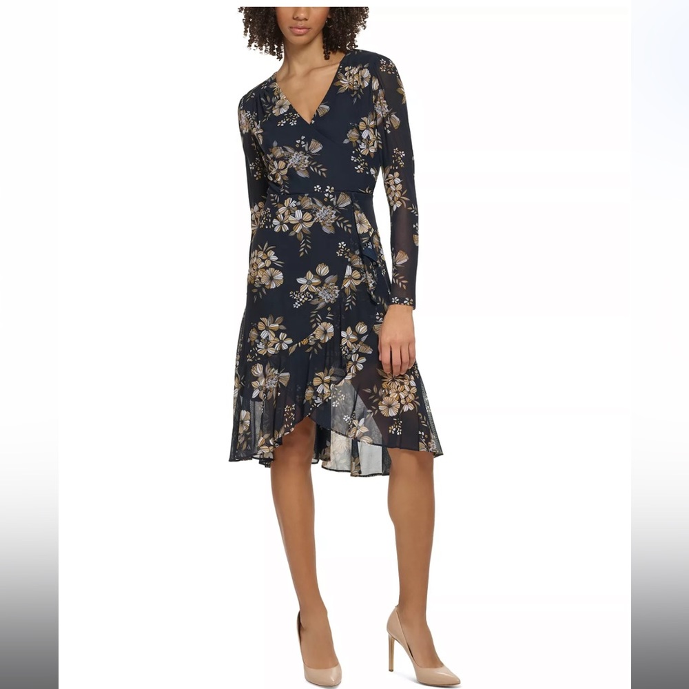 Women's Floral-Print Mesh Faux-Wrap Dress 16W